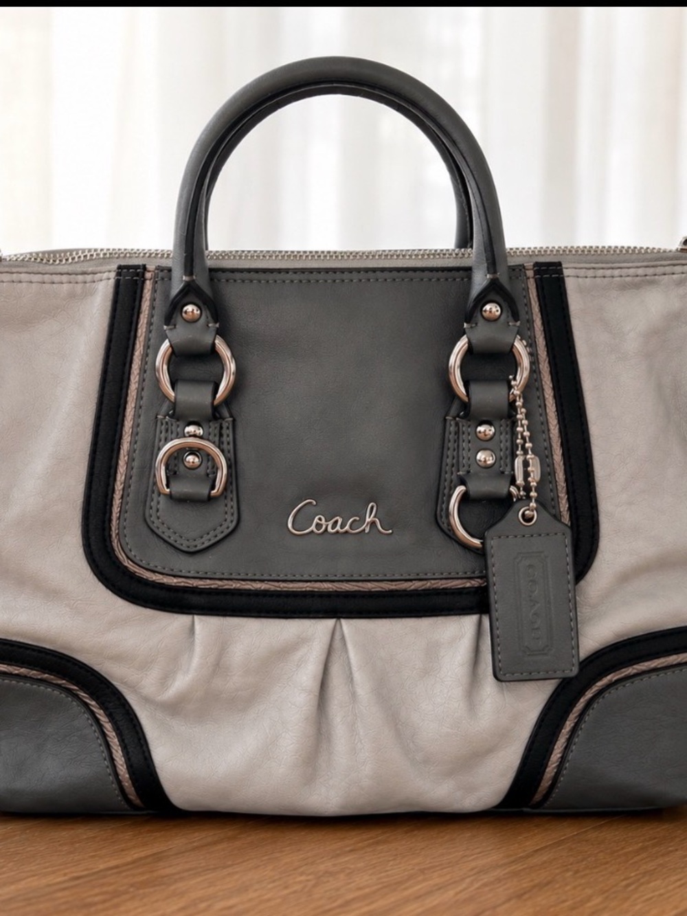 Coach Two-Tone Gray and Taupe Leather Satchel with Dark Trim